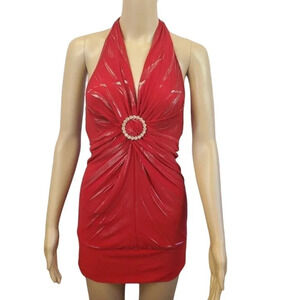 Red and Silver Halter top  Bodycon Party Dress Thigh Length Dress Size 7ish.